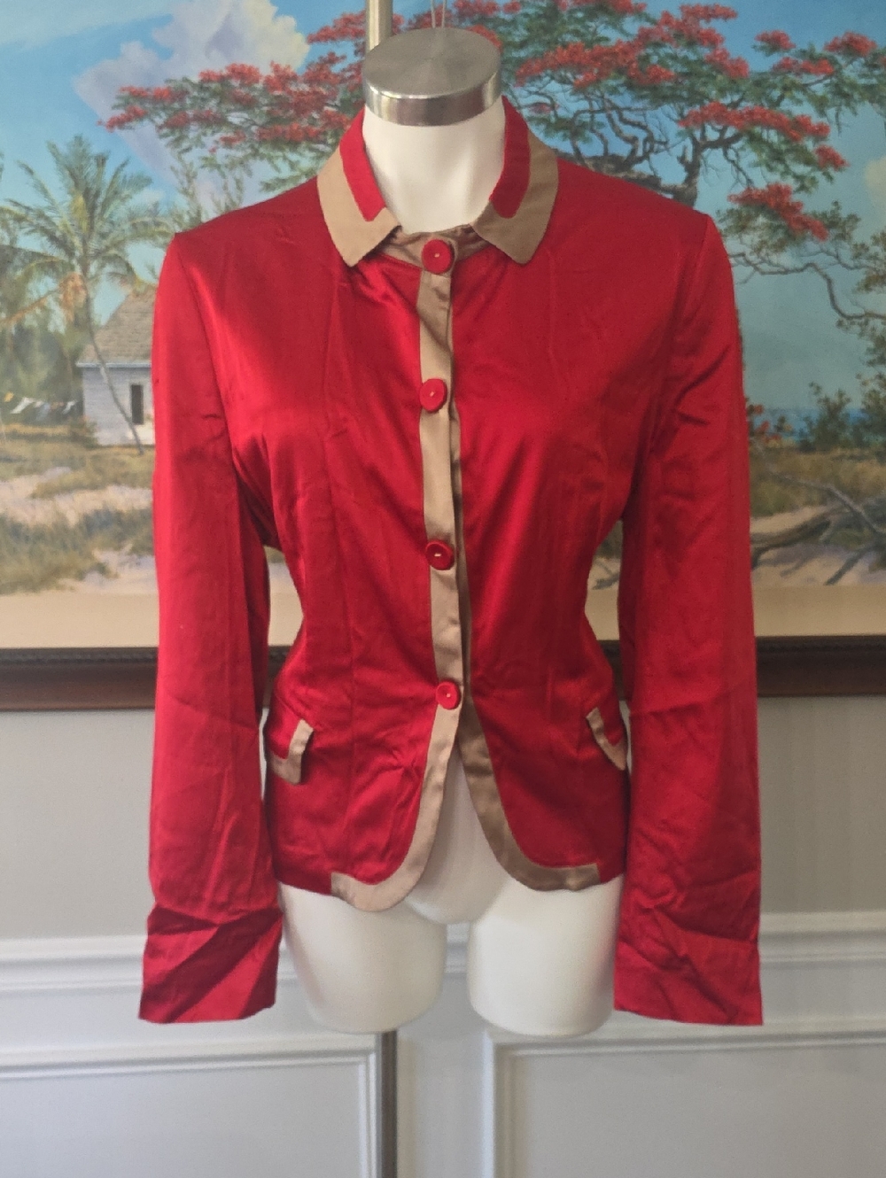 Adolfo Dominguez Red Satin Jacket/Top with Beige Trim